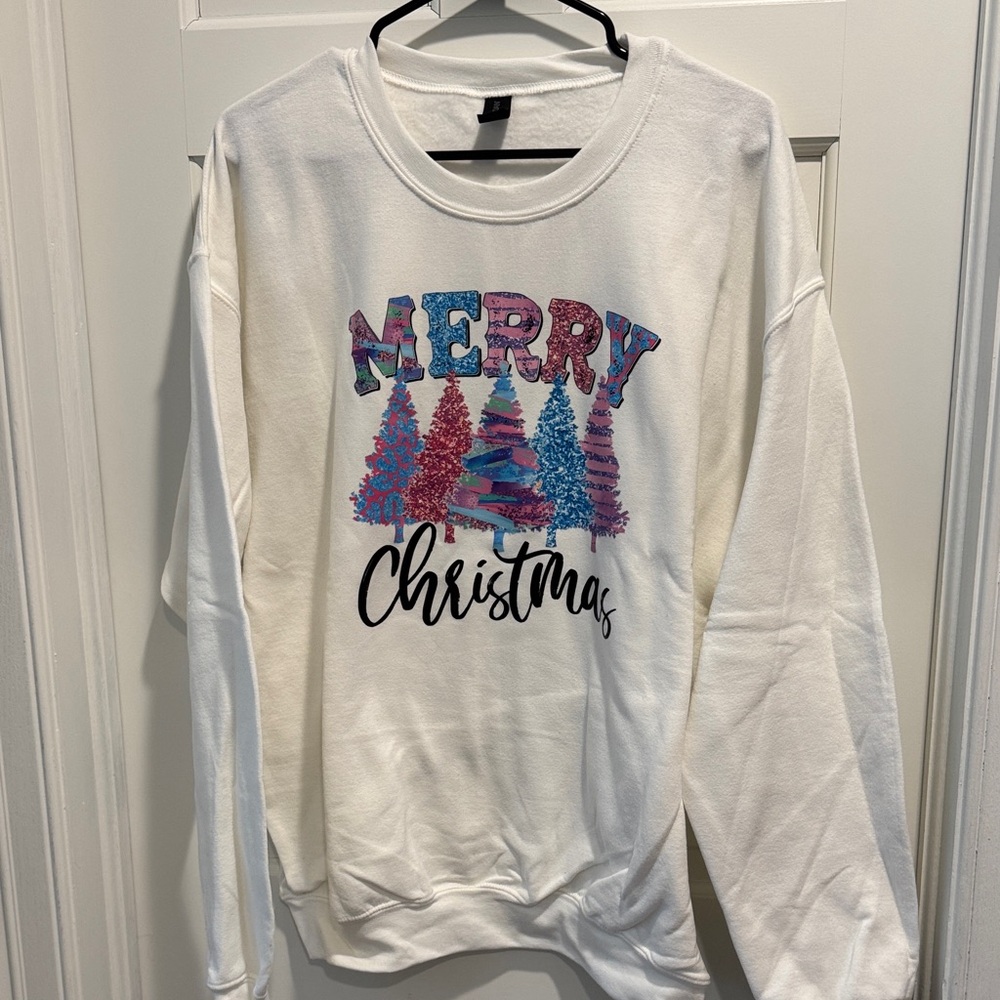 Gildan White Merry Christmas Graphic Sweatshirt with Pink & Blue Trees